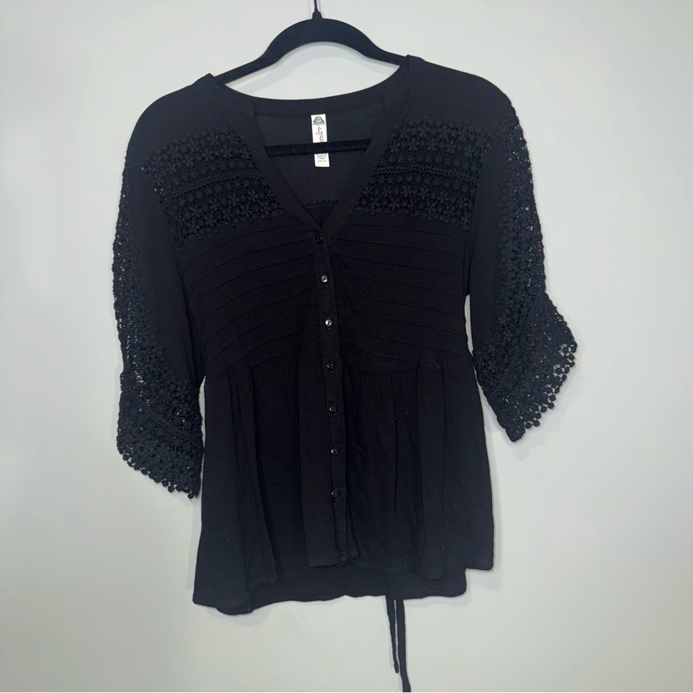 American‎ Rag Womens Black Crochet Lace Button Front Boho Blouse Back Tie Size M